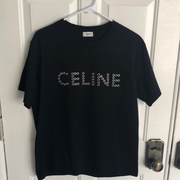 Celine Mens Oversized Logo - Embellished Cotton T-shirt